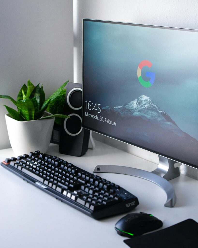 A Monitor, Keyboard, And A Plant On A Desk Designed To Bypass Filters.