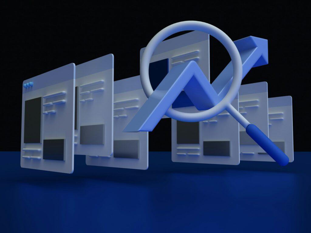 Abstract illustration of website windows with a magnifying glass and upward arrow, symbolizing online search growth and how to use keywords in WordPress to improve ranking.