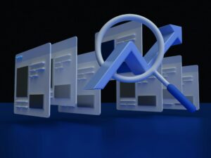 Abstract illustration of website windows with a magnifying glass and upward arrow, symbolizing online search growth and how to use keywords in WordPress to improve ranking.