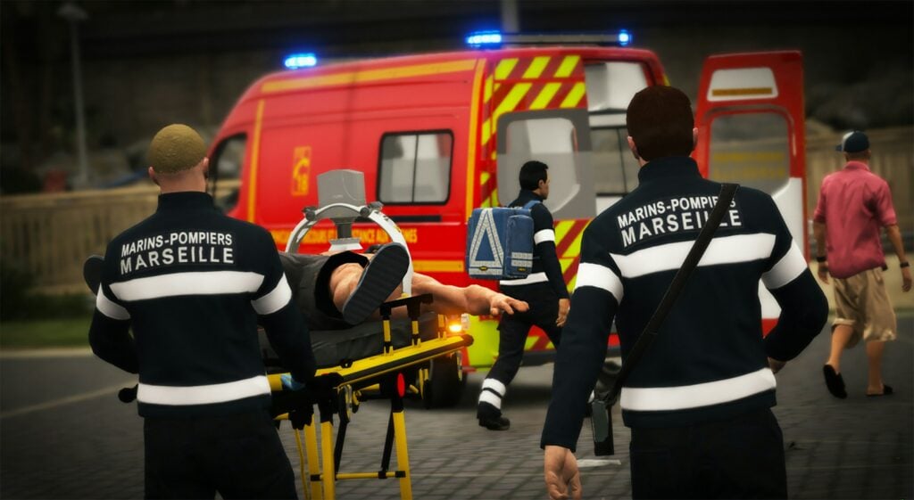 In the immersive gaming experience of GTA 5, a diverse group of people are standing in front of an ambulance.