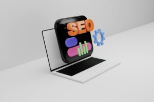 A business laptop with the keyword "SEO" prominently displayed on it, showcasing the right strategy for effective digital marketing.