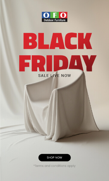 Chair draped with a white cloth, with "Black Friday Sale Live Now" text in red above. "Shop Now" button below.