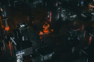 Aerial view of a neon-lit futuristic cityscape at night, showcasing vibrant building signs and a prominent spade symbol glowing in orange, reminiscent of themes often seen on top gambling websites.
