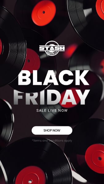 Vinyl records with red centers surround the text "Stash Records Black Friday Sale Live Now." A "Shop Now" button is below.
