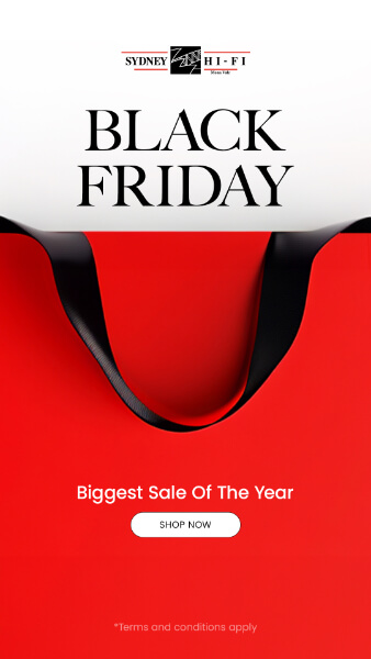 Black Friday sale advertisement by Sydney Hi-Fi, featuring a red shopping bag with "Biggest Sale Of The Year" and a "Shop Now" button.