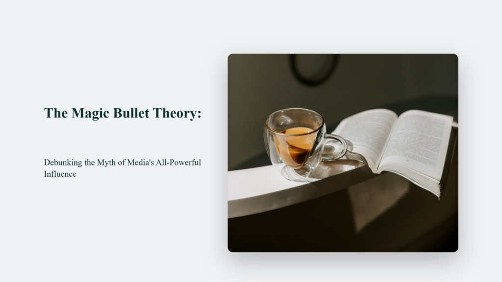 A cup of coffee next to an open book on a white shelf, with a presentation slide titled "Media Influence: Debunking the Myth of the Magic Bullet Theory" in the background.
