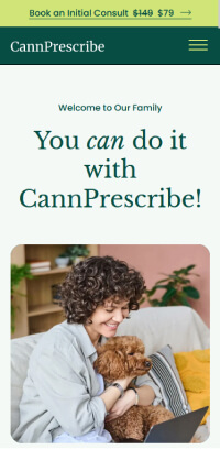CannPrescribe website, A woman is sitting on a computer with a dog on her lap.