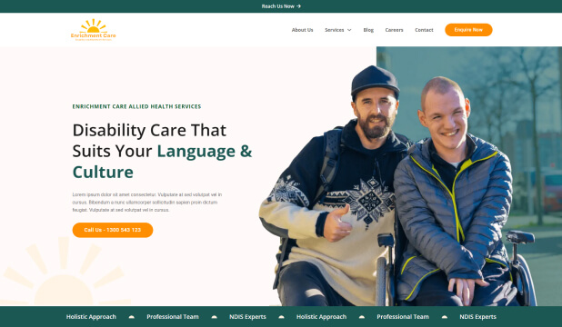 Enrichment Care website, A man in a wheelchair with another man in a wheelchair.