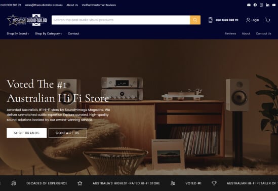 The Audio Tailor website page of a music store.
