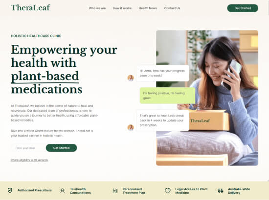 A screenshot of a medical website TheraLeaf.