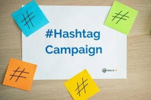 White paper with "#Hashtag Campaign" printed in blue, surrounded by blue, green, orange, and yellow sticky notes, each with a black hashtag symbol.