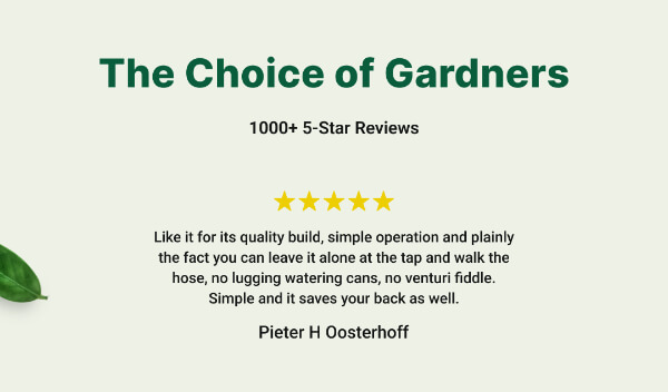 Advertisement poster for "The Choice of Gardeners" featuring a 5-star review by Pieter H Oosterhoff, a green leaf accent on a white background.
