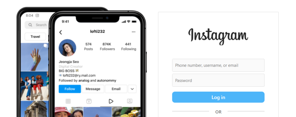 A visually striking Instagram login screen on a phone showcases the impeccable typography and font selection.