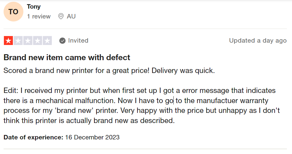 A Customer Review Of A Printer Purchase From Reebelo That Came With A Defect.