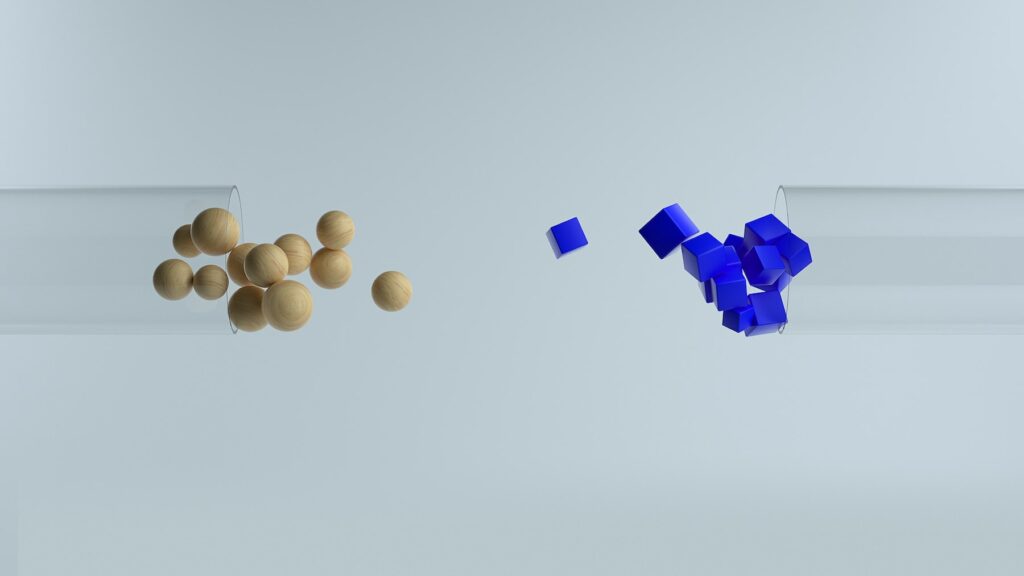 Revamping visuals: Blue and yellow balls cascade out of a tube.