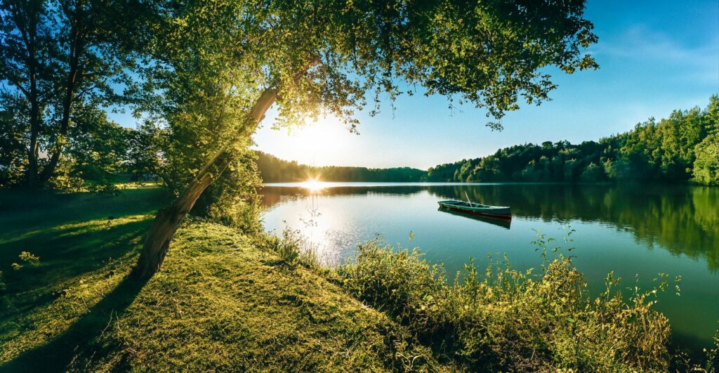 A canoe sits on the shore of a lake, embracing tailored cultural experiences.