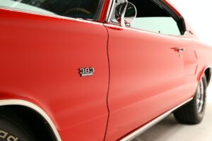 A red muscle car is showcased in a modern studio setting, representing resilience during economic uncertainty and digital transformation.