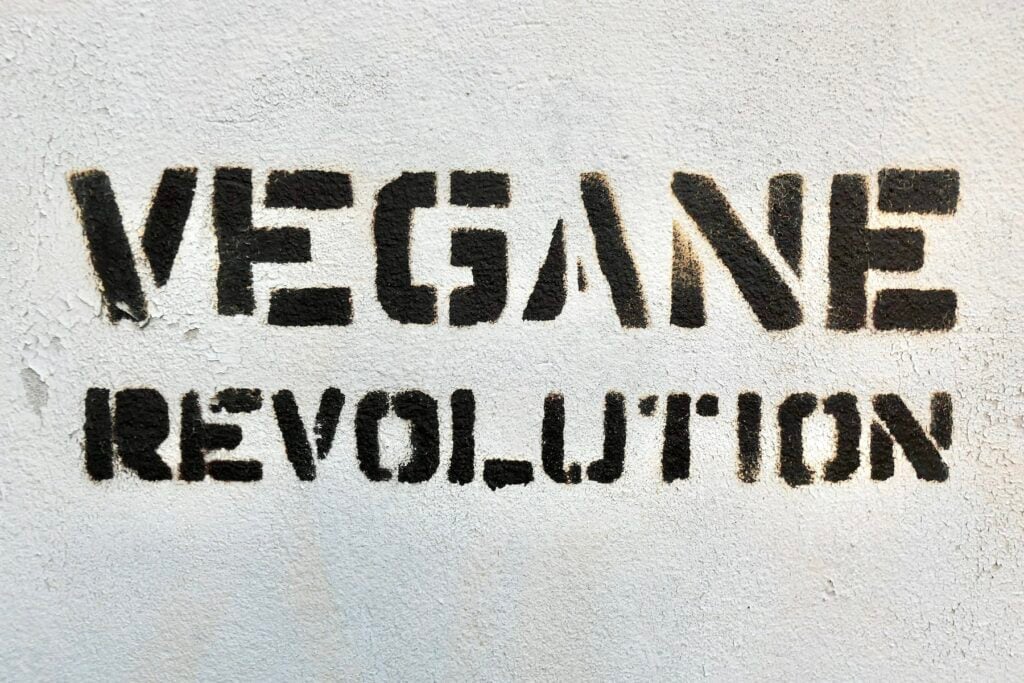 The word vegan revolution is painted on a wall during the new technological era.
