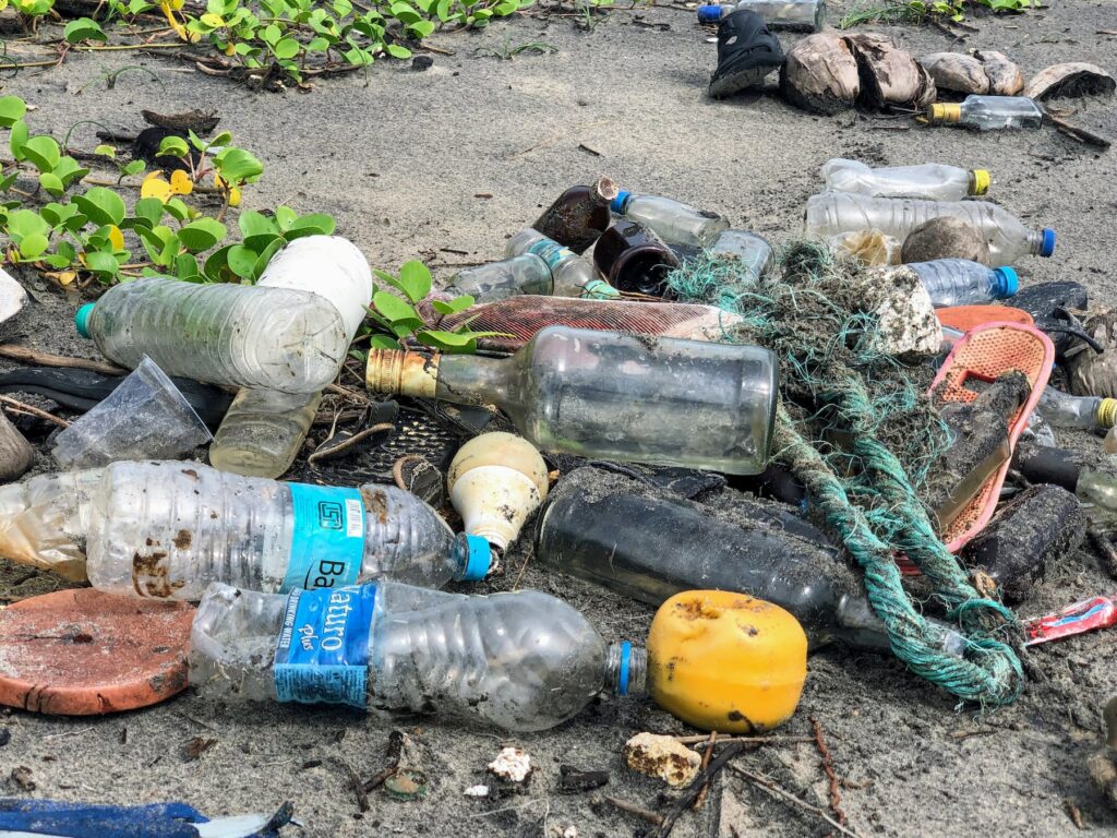 Plastic bottles on the beach.