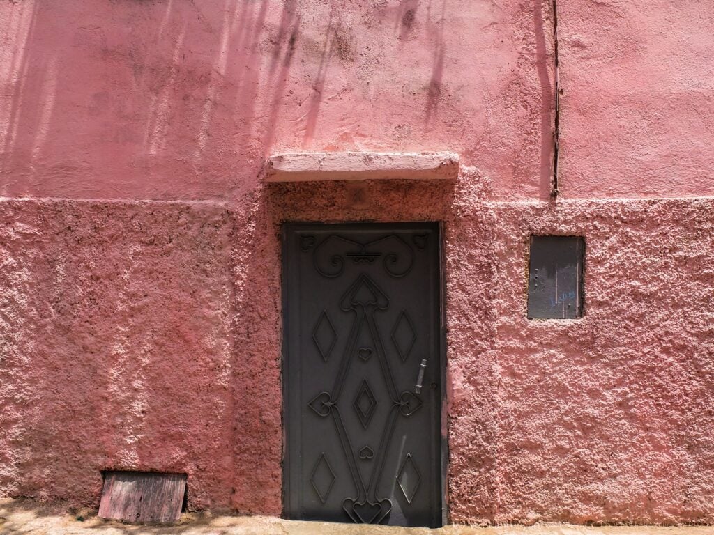 A pink building.