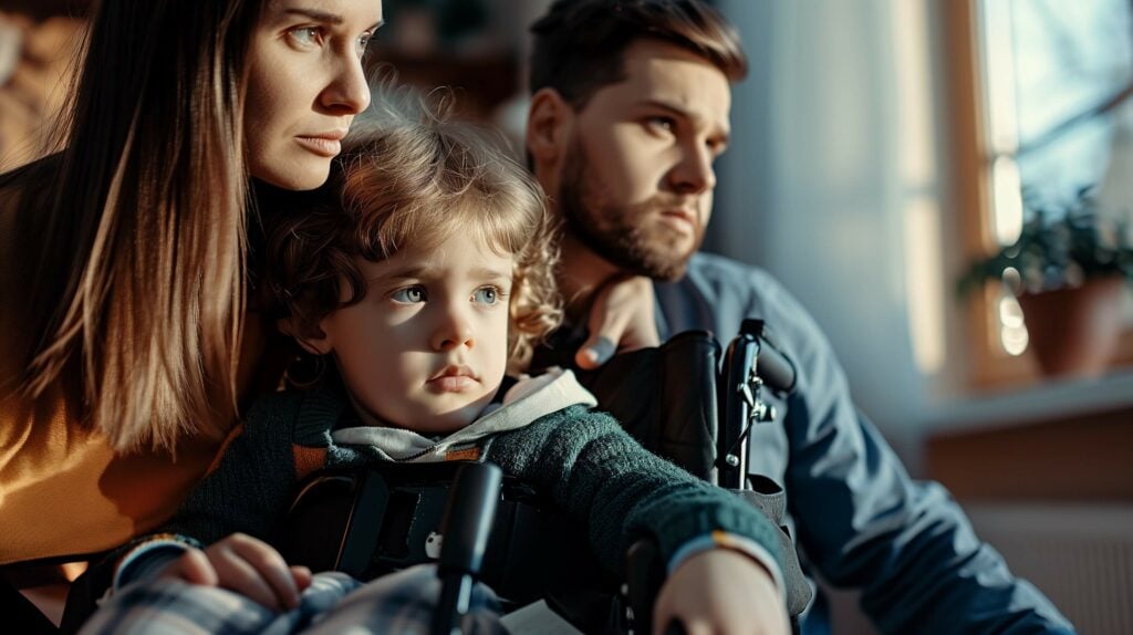 A family with a child in a wheelchair, navigating the NDIS, looking out the window.