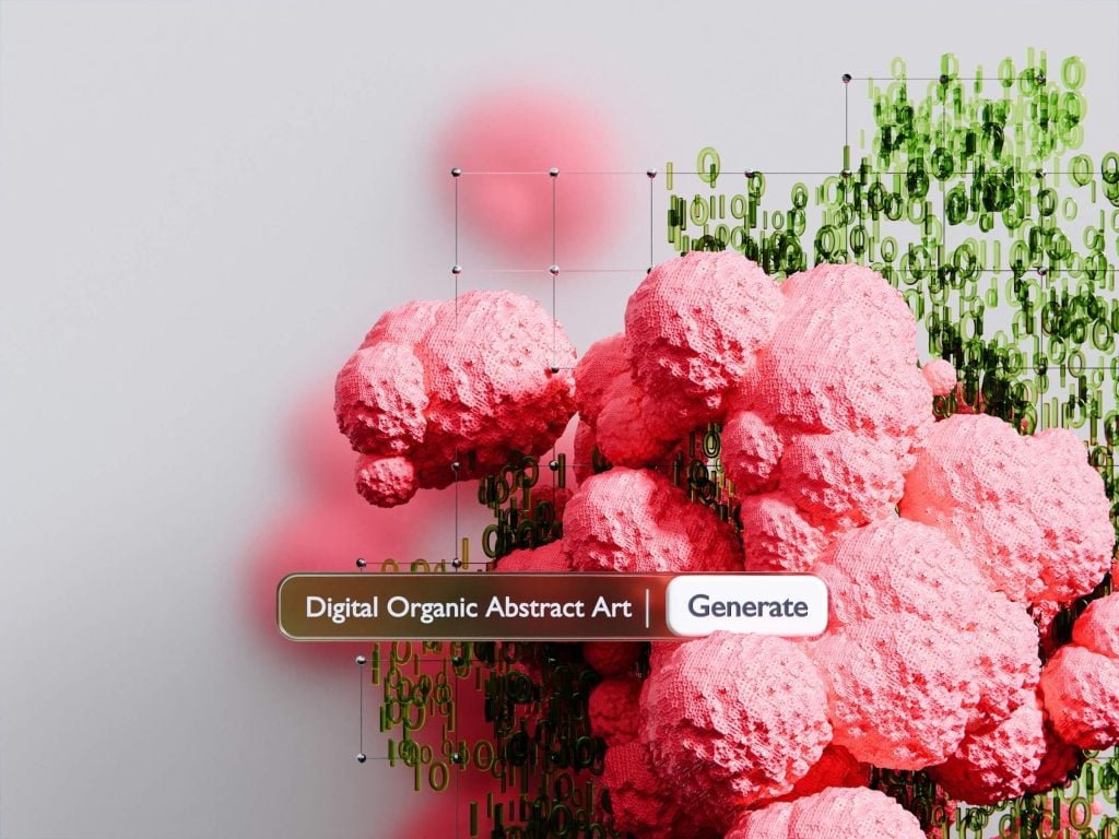 Digital art depicting pink organic shapes merging with green binary digits, evoking nostalgia for childhood memories. Overlaid with a button labeled "Generate" and text reading "Digital Organic Abstract Art.