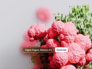 Digital art depicting pink organic shapes merging with green binary digits, evoking nostalgia for childhood memories. Overlaid with a button labeled "Generate" and text reading "Digital Organic Abstract Art.