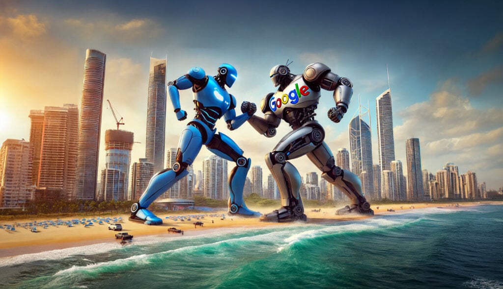 Two giant robots, one with a Google logo, engage in an arm wrestle on a beach in front of a city skyline, showcasing the battle for SEO keywords supremacy as if powered by SearchGPT.