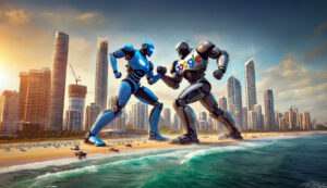 Two giant robots, one with a Google logo, engage in an arm wrestle on a beach in front of a city skyline, showcasing the battle for SEO keywords supremacy as if powered by SearchGPT.