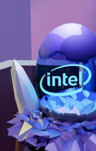 The Intel logo sits atop a ball of ice in the digital landscape.