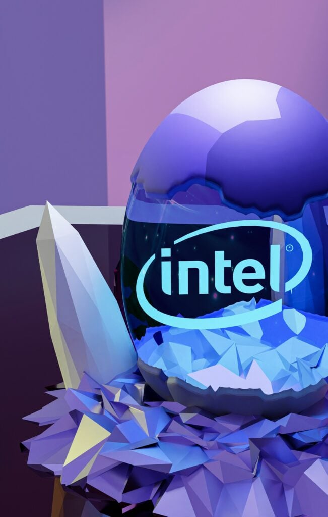 The Intel logo sits atop a ball of ice in the digital landscape.