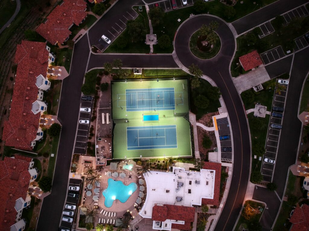 An aerial view of a quirky sport court in America.